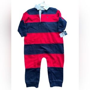 Ralph Lauren Red and Navy Long-Sleeve Striped Baby Romper